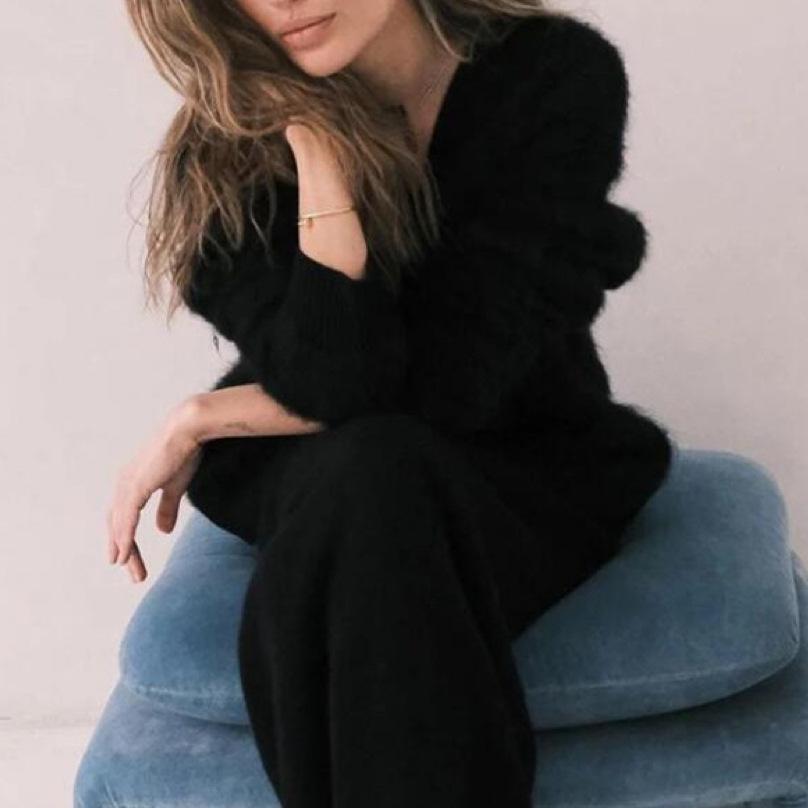 HuaYi Top Dames herfst- en winter V-hals gebreide losse effenkleurige cardigan trui XL zwart