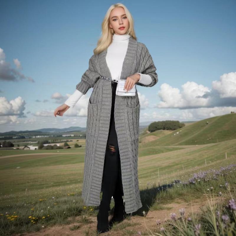 Super cobra Lange Gebreide Cardigan met Kabelpatroon, Elegante Effen Kleur Trui met Lange Mouwen en Zakken, Dames L grijs
