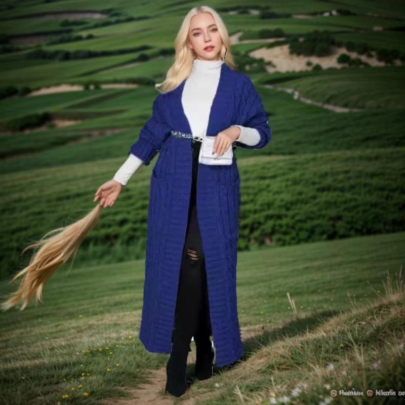 Super cobra Lange Gebreide Cardigan met Kabelpatroon, Elegante Effen Kleur Trui met Lange Mouwen en Zakken, Dames XXXL blauw