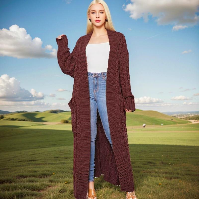 Super cobra Lange Gebreide Cardigan met Kabelpatroon, Elegante Effen Kleur Trui met Lange Mouwen en Zakken, Dames XXXL koffie