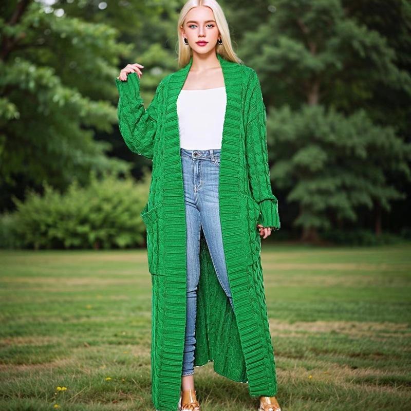 Super cobra Lange Gebreide Cardigan met Kabelpatroon, Elegante Effen Kleur Trui met Lange Mouwen en Zakken, Dames XXXL groen