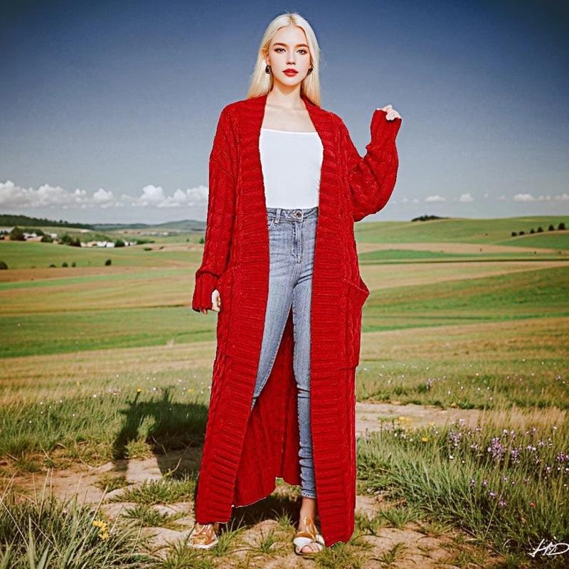 Super cobra Lange Gebreide Cardigan met Kabelpatroon, Elegante Effen Kleur Trui met Lange Mouwen en Zakken, Dames XXXL rood