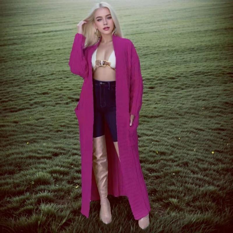 Super cobra Lange Gebreide Cardigan met Kabelpatroon, Elegante Effen Kleur Trui met Lange Mouwen en Zakken, Dames XXXL rozerode kleur