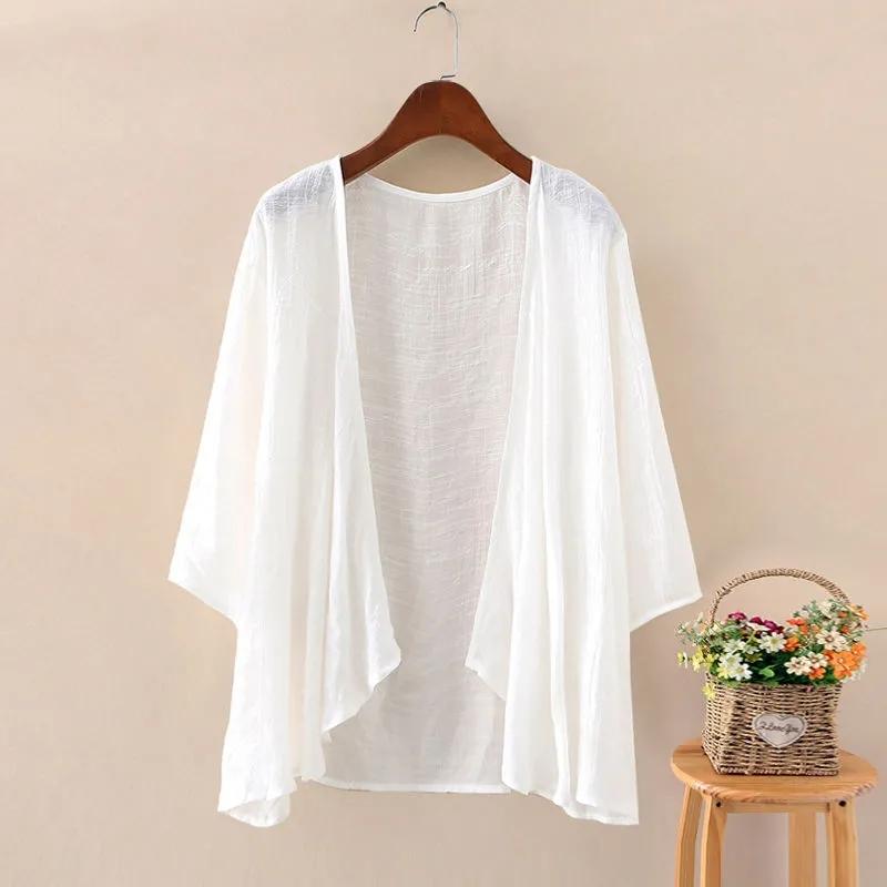 WTEMPO Effen Katoen Hennep Cardigans Dames Zomer Casual Lange Mouw Blouses Vrouwelijke Dunne Tuniek Tops Kimono Cape One Size wit