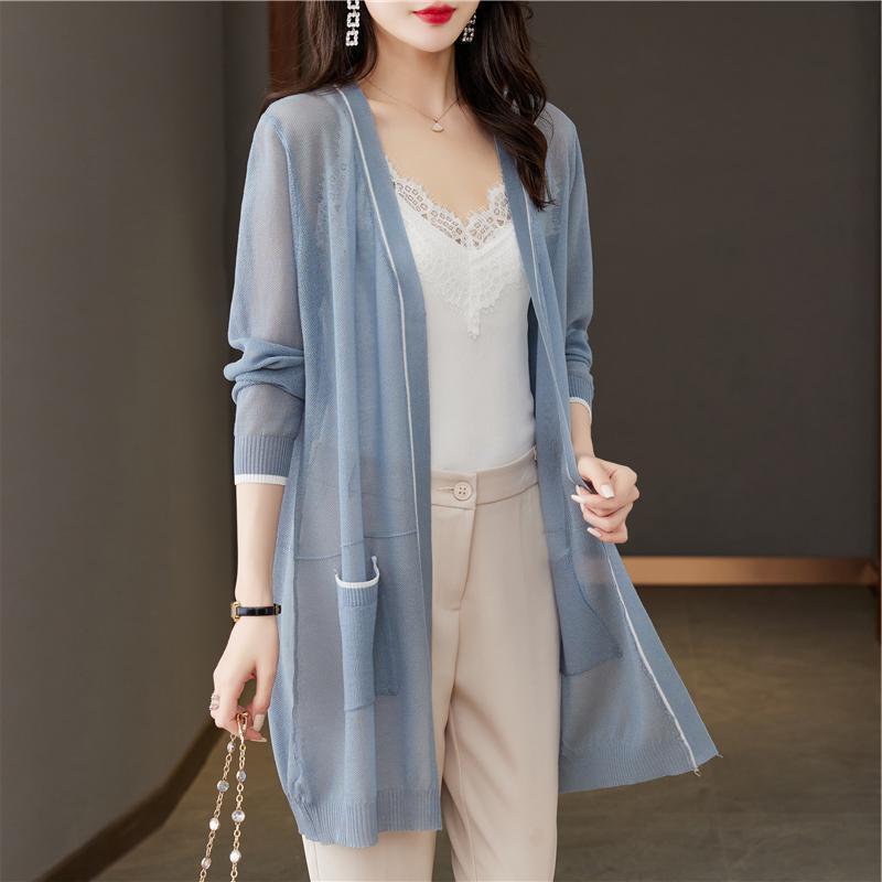 WTEMPO Grote losse gebreide cardigan voor dames, dunne zomerjas, zonwerende jas, lang shirt met airconditioning 3XL blauw