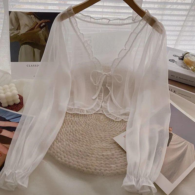 WTEMPO Sjaal met Camisole Rok en Bovenstuk, Chiffon Vest, Dames Zomer Student Zonnebescherming Jas, Kort Model S wit