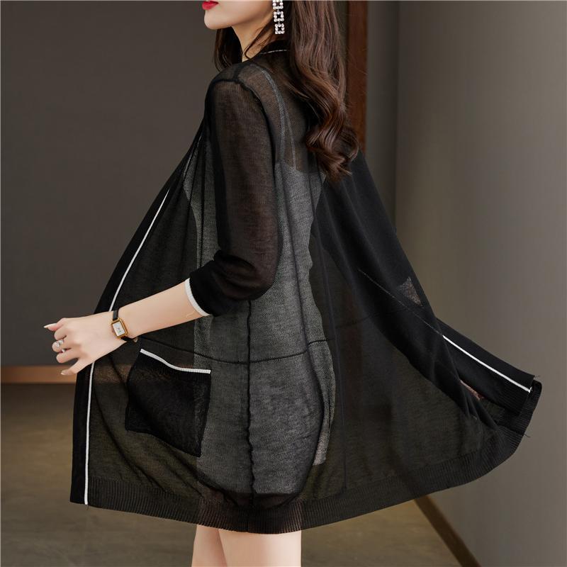 WTEMPO Grote Maat Dunne Losvallende Jas, Zonnebeschermingsjas, Sjaal, Middellange tot Lange Lengte, Buitenlaag, Gebreid Vest voor Dames 3XL zwart