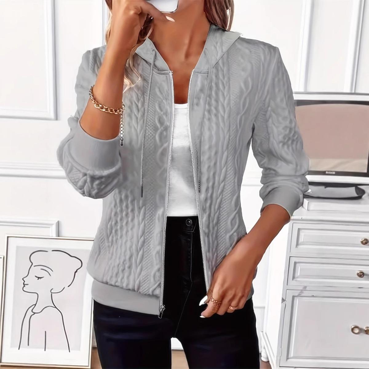 YiLi-Studio Nieuw effen kleur casual jasje, lichtbeige stof, jas met capuchon met opening aan de voorkant, damespullover met lange mouwen, rits en trekkoord M grijze kleur