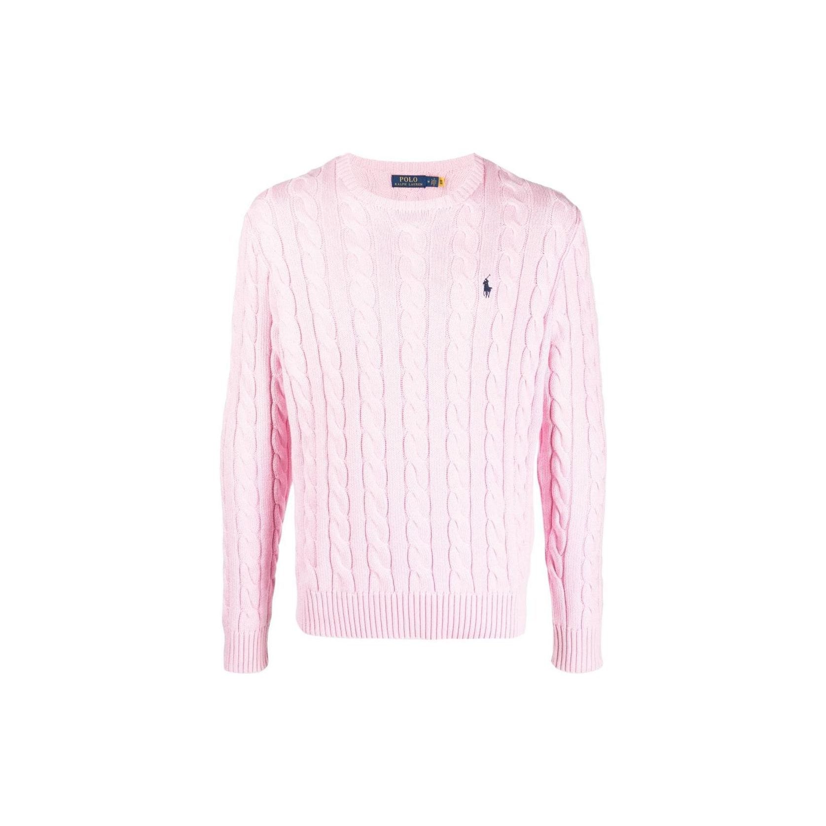 Ralph Lauren Polo  SS22 Effen Kleur Logo Geborduurd Kabelgebreid Trui met Ronde Hals Heren trui Roze 710775885-027 L
