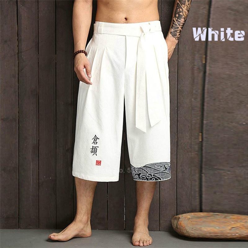 Idealife Traditionele Kimono Haori Broek Kleding voor Samurai Man Zomer Dunne Ademende Losse Yukata Cropped Broek 4XL wit