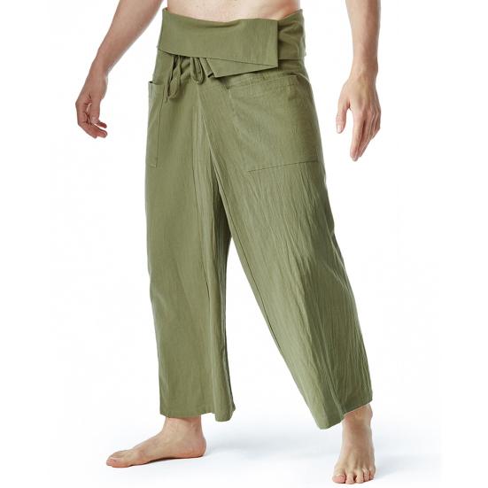 Fashion Choice Thaise Vissersbroek Stijlvolle Effen Kleur Vlas Yogabroek Loszittende Heren Yogabroek Thaise Vissersbroek Dagelijks Leven legergroene kleur