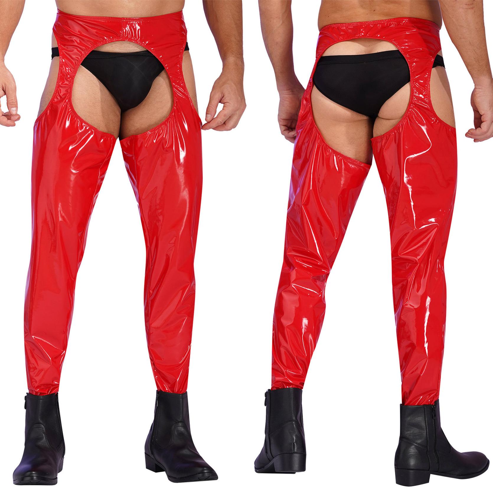 IEFiEL Heren wetlook leren broek strakke broek uitsnijding magere lange legging broek Clubwear L rood