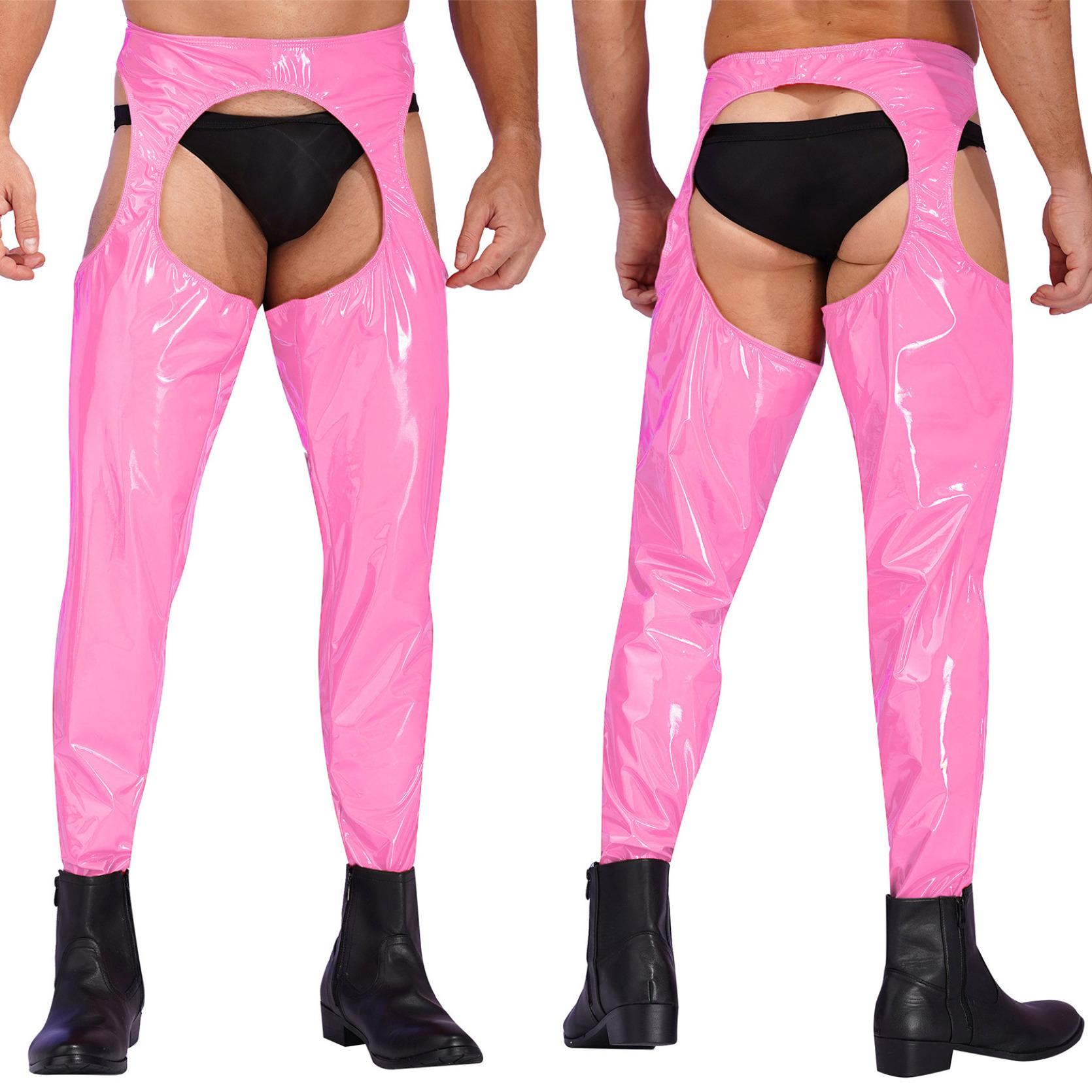 IEFiEL Heren wetlook leren broek strakke broek uitsnijding magere lange legging broek Clubwear 4XL roze