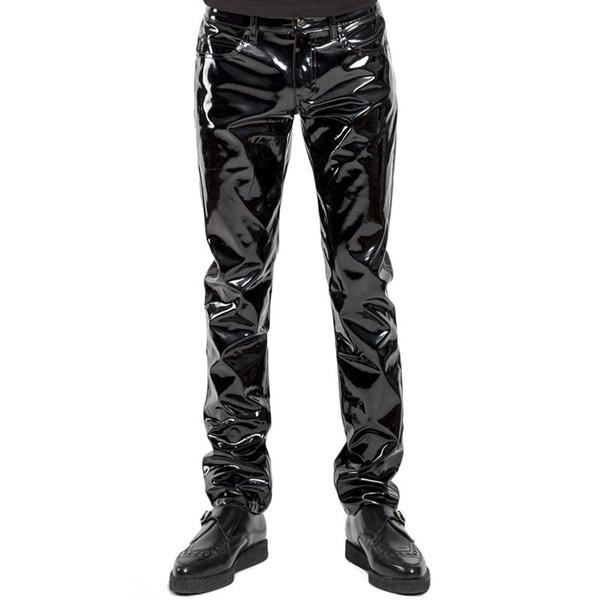 HF61WN Zwarte wetlook latex herenbroek Vloeibare broek voor heren Motor leren broek Rock-stijl broek L zwart