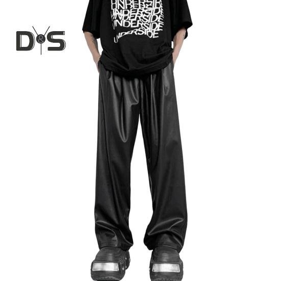 DYS Men Clothing Heren Faux Letaher Broek Trekkoord Elastische Taille Waterdicht Wijde Pijpen Los Glad Hip Hop Effen Kleur Streetwear Ademend Zacht Diep Kruis Lang M zwart