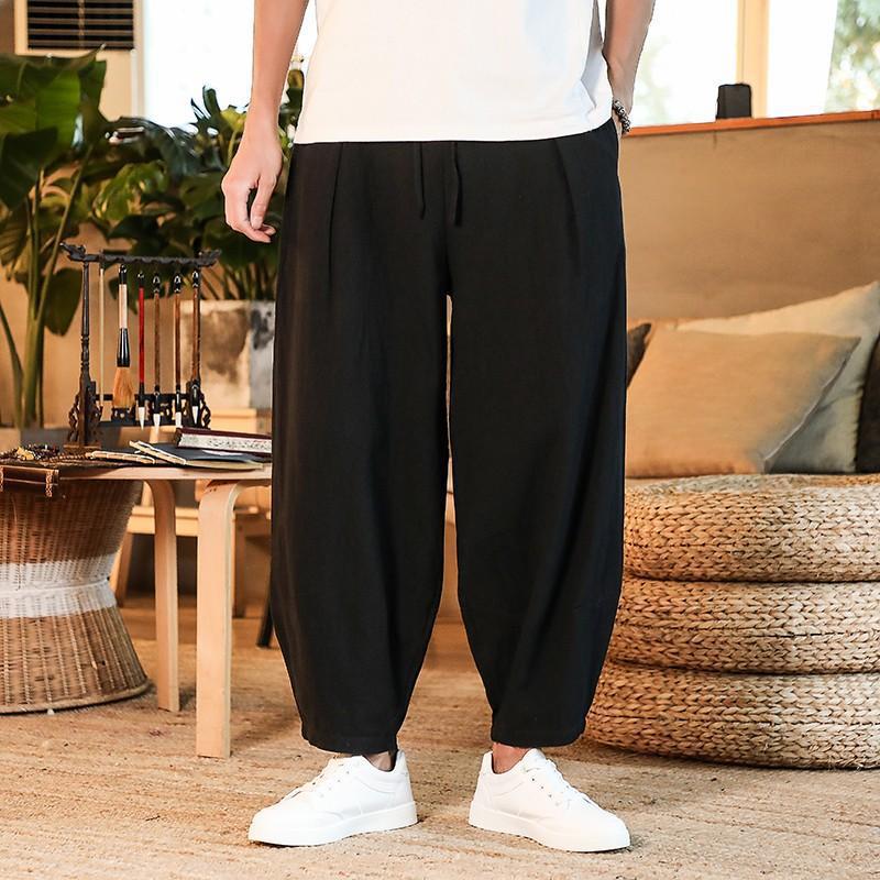 Morgan Zomer Chinese Stijl Linnen Casual Broek Heren Losse Grote Maat Japanse Katoenen en Linnen Dij Broek Heren Plus Maat XXL zwart