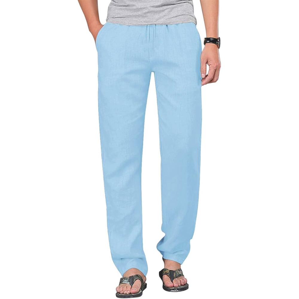 King Billion Heren katoenen linnen trekkoordbroek elastische taille casual joggingbroek yogabroek strandbroek baggy losse heren joggingbroek XXL hemelsblauwe kleur