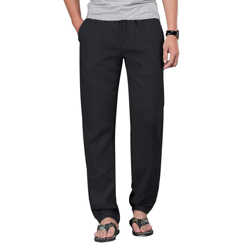 King Billion Heren katoenen linnen trekkoordbroek elastische taille casual joggingbroek yogabroek strandbroek baggy losse heren joggingbroek XXXL zwart