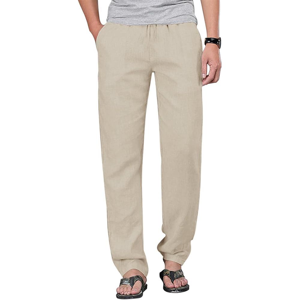 King Billion Heren katoenen linnen trekkoordbroek elastische taille casual joggingbroek yogabroek strandbroek baggy losse heren joggingbroek XXXL beige