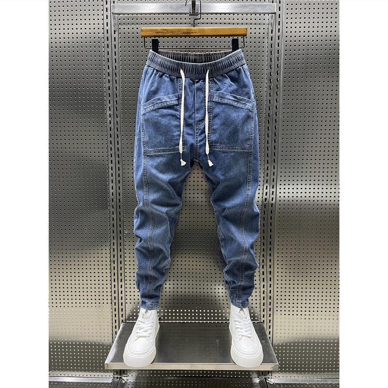 LIngzhi Lente Herfst Heren Jeans Elastische Trekkoord Zakken Denim Broek Effen Kleur Casual Cargo Harem Broek Herenkleding XL blauw