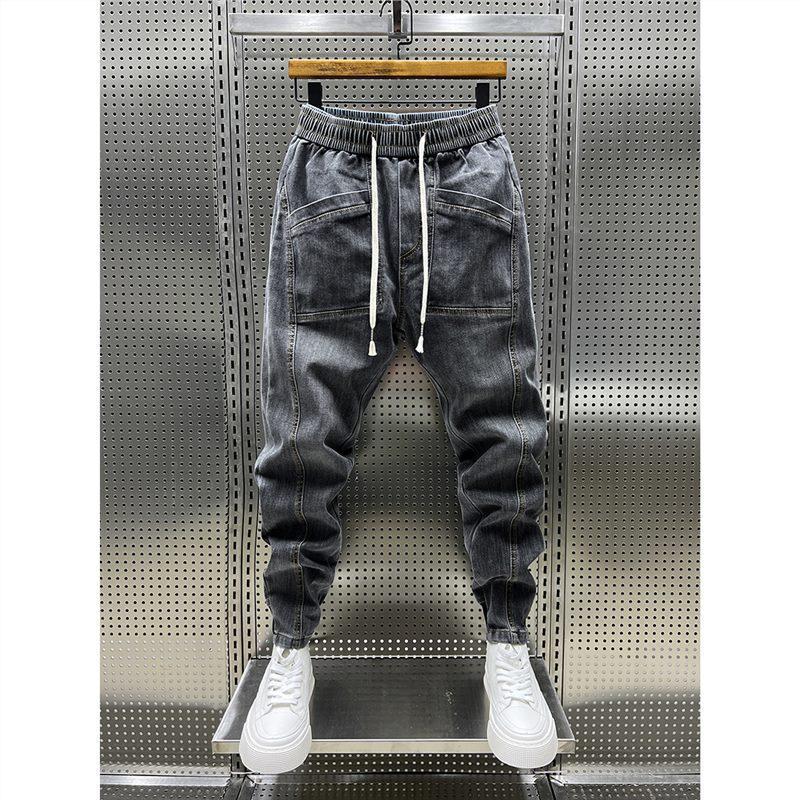 LIngzhi Lente Herfst Heren Jeans Elastische Trekkoord Zakken Denim Broek Effen Kleur Casual Cargo Harem Broek Herenkleding XXL zwart