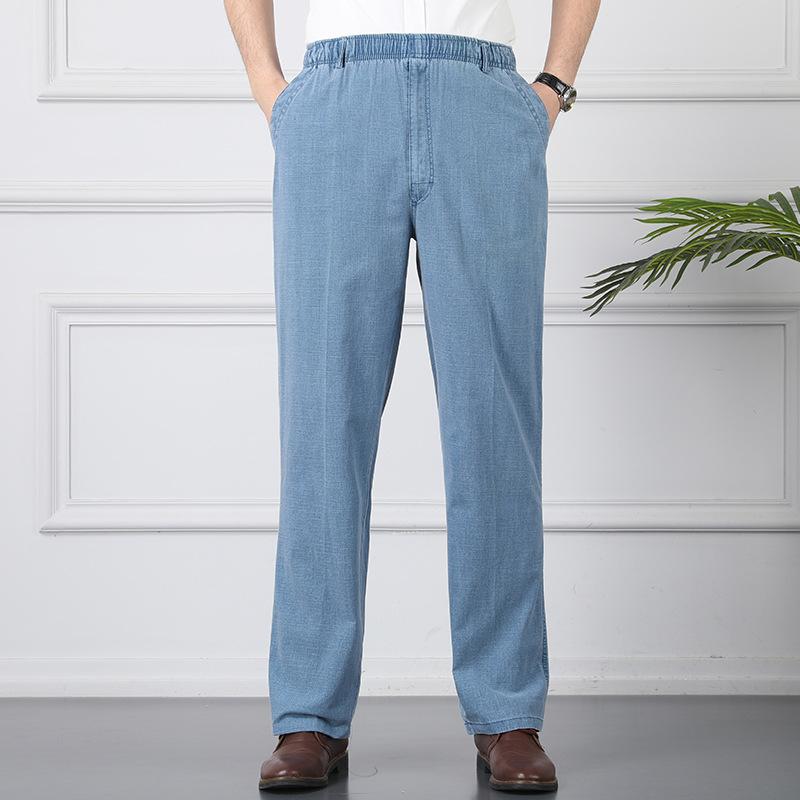 SZWBB-001 Plus Size Herfst Zomer Casual Broek Natuurlijk Katoen Linnen Hoge Taille Grote Maat Vlas Ademend Losse Herenbroek 6XL(100-110kg) blauw