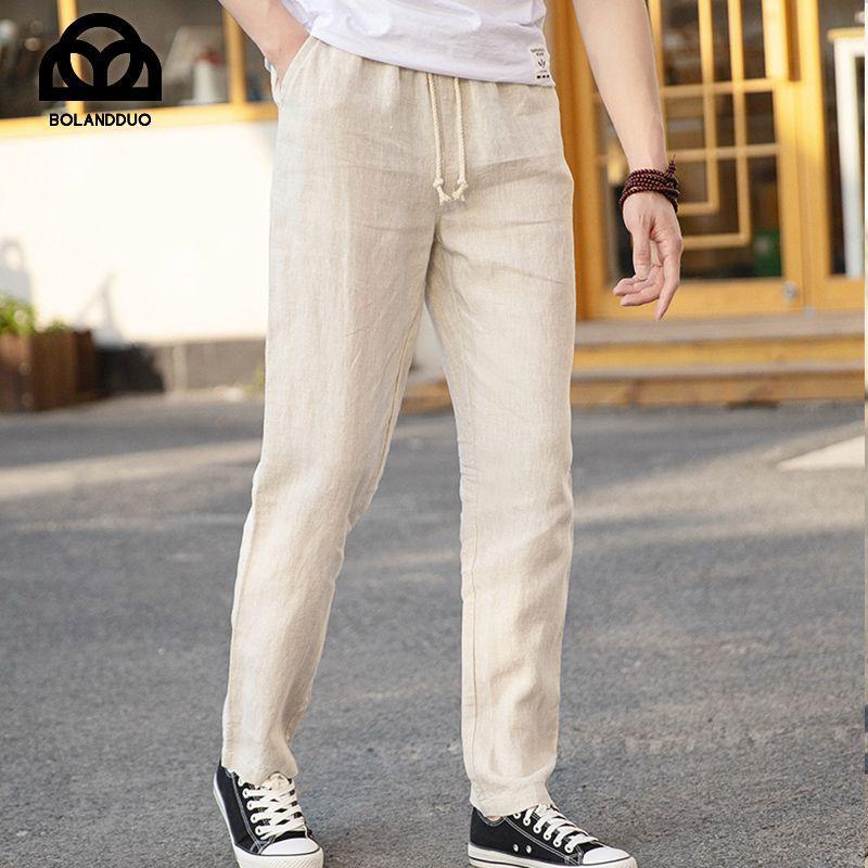 StrideBox Heren Premium 100% Puur Linnen Zomer Witte Broek - Casual, Losvallend, Rechte Pasvorm L