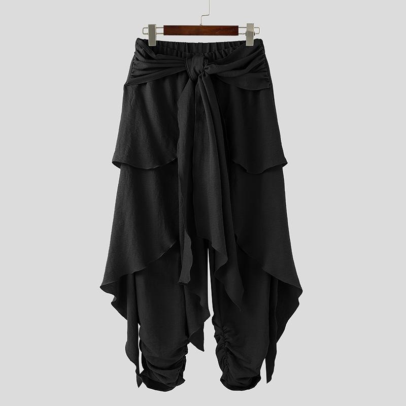 INCERUN Heren Elastische Taille Bandage Lagen Casual Losse Irreguliere Geplooide Harembroek M zwart