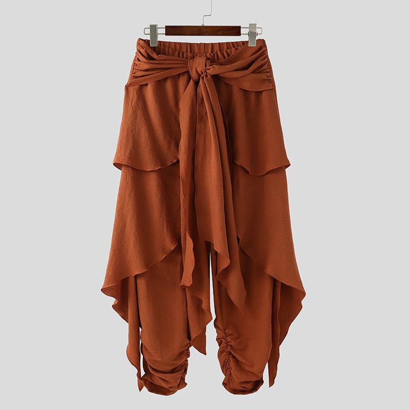 INCERUN Heren Elastische Taille Bandage Lagen Casual Losse Irreguliere Geplooide Harembroek XL oranje