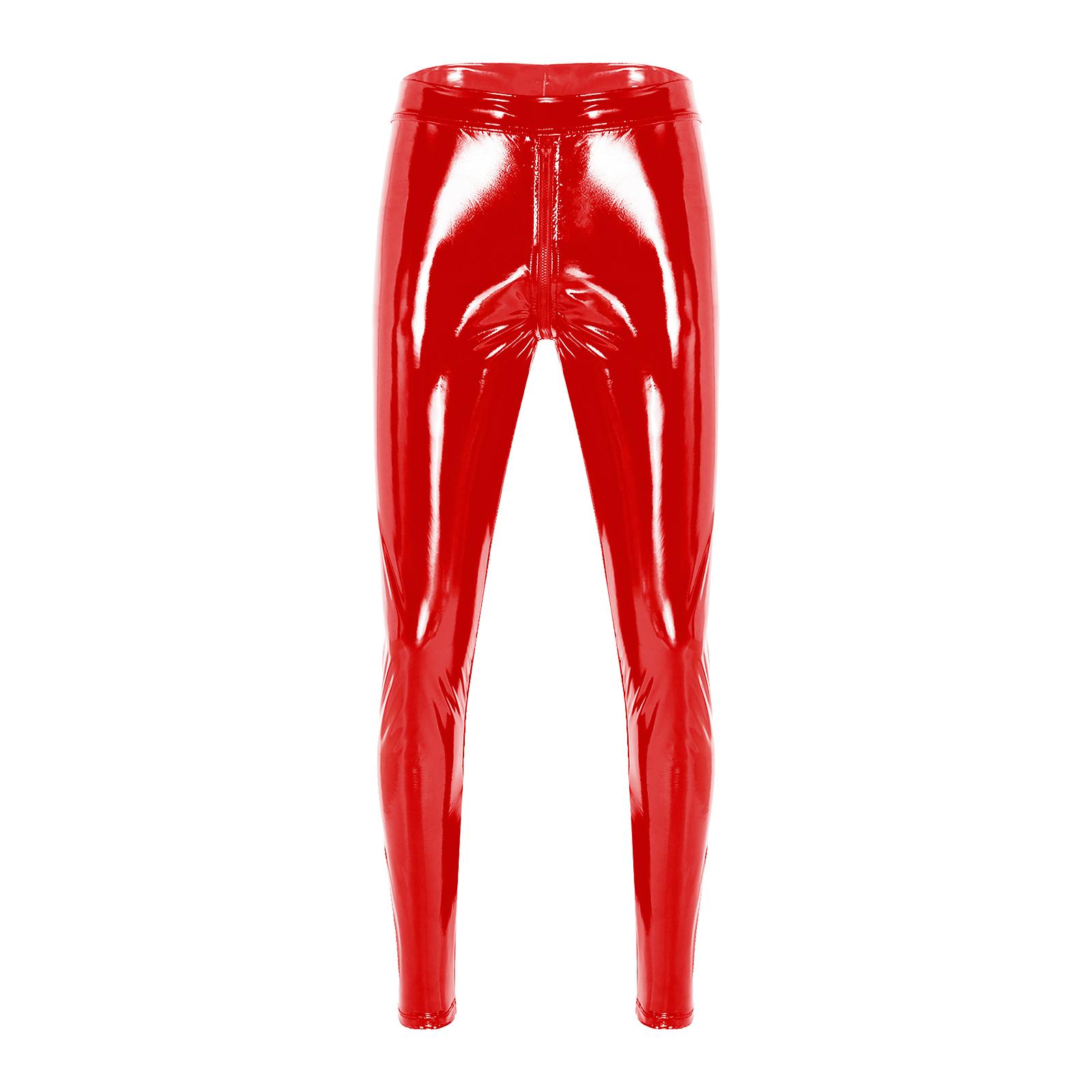 Yunduantong-Adult Heren Broek met Tweewegrits Wetlook Lakleer Skinny Fit Clubkleding XL rood