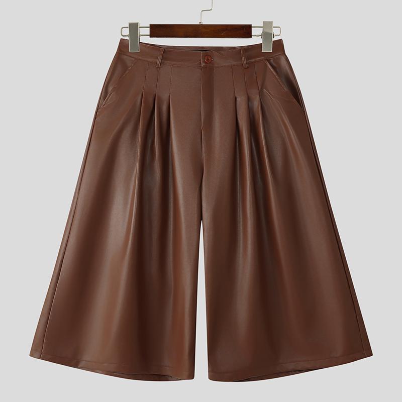 INCERUN Heren Hoge Taille Effen Kleur PU Leer Losse Cropped Wijde Pijpen Broek 4XL bruin