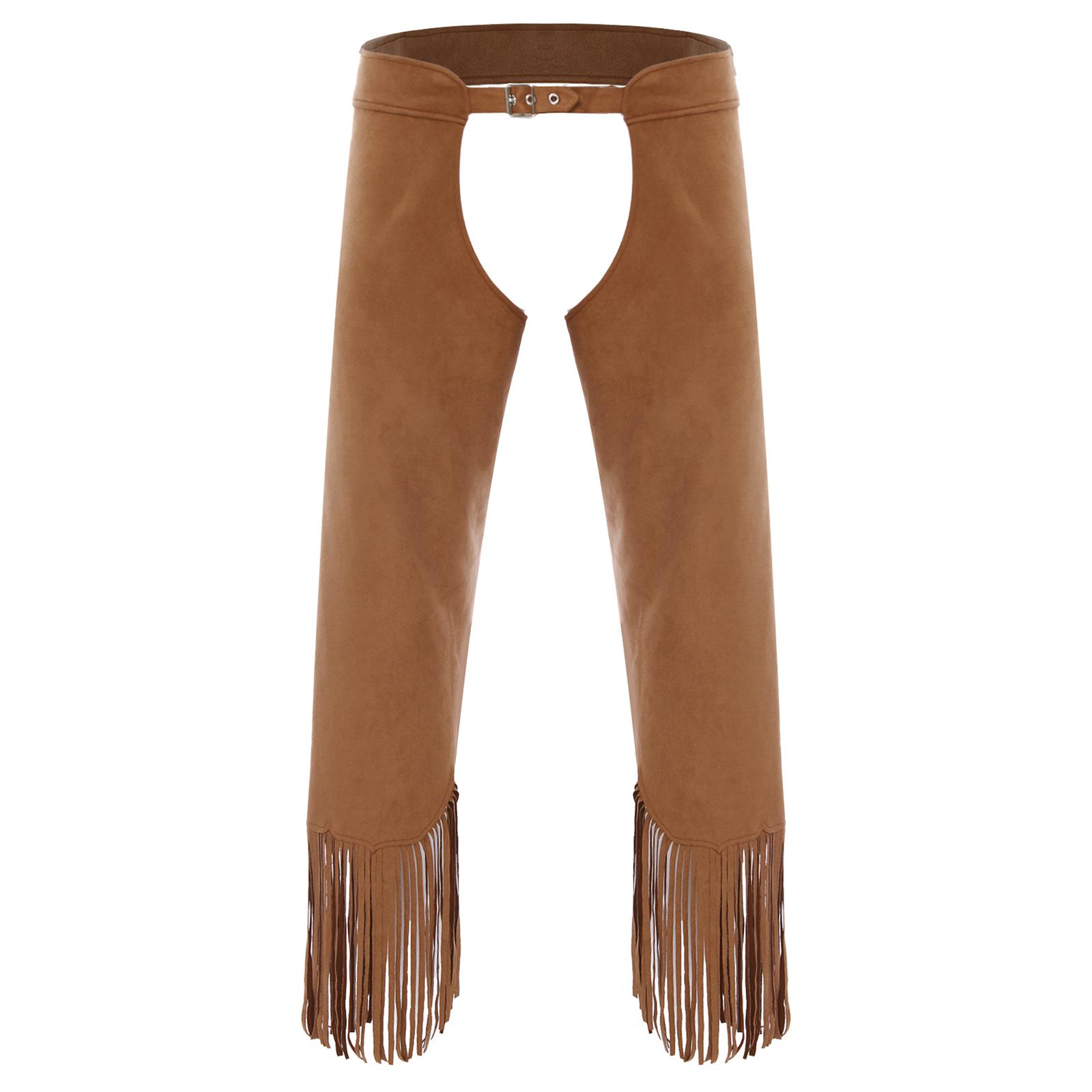 YDT-adult Heren Vintage Cowboy Chaps Verstelbare Gespriemen Open Kruis Split Franje Suède Leer Broek voor Halloween L bruin