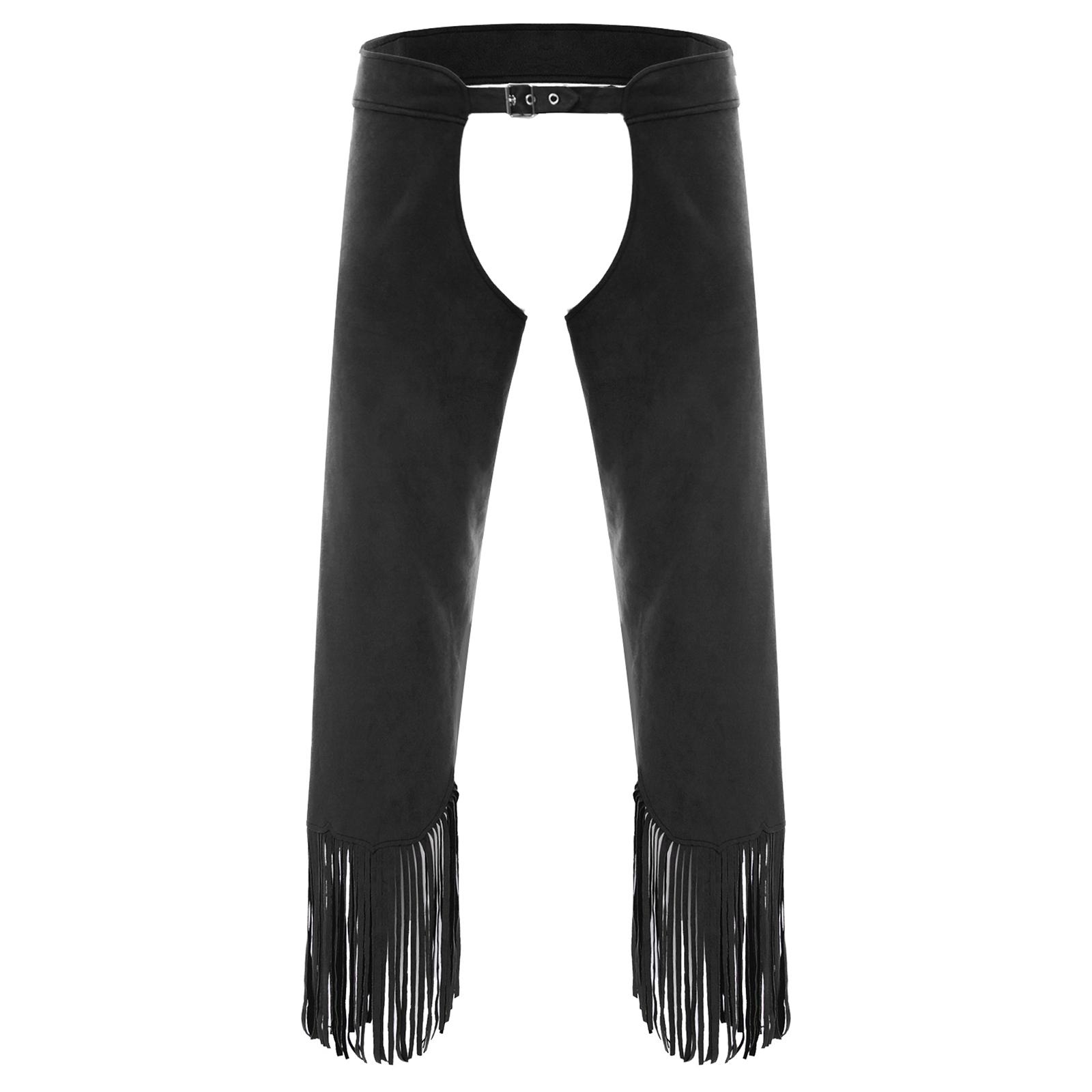 YDT-adult Heren Vintage Cowboy Chaps Verstelbare Gespriemen Open Kruis Split Franje Suède Leer Broek voor Halloween L zwart