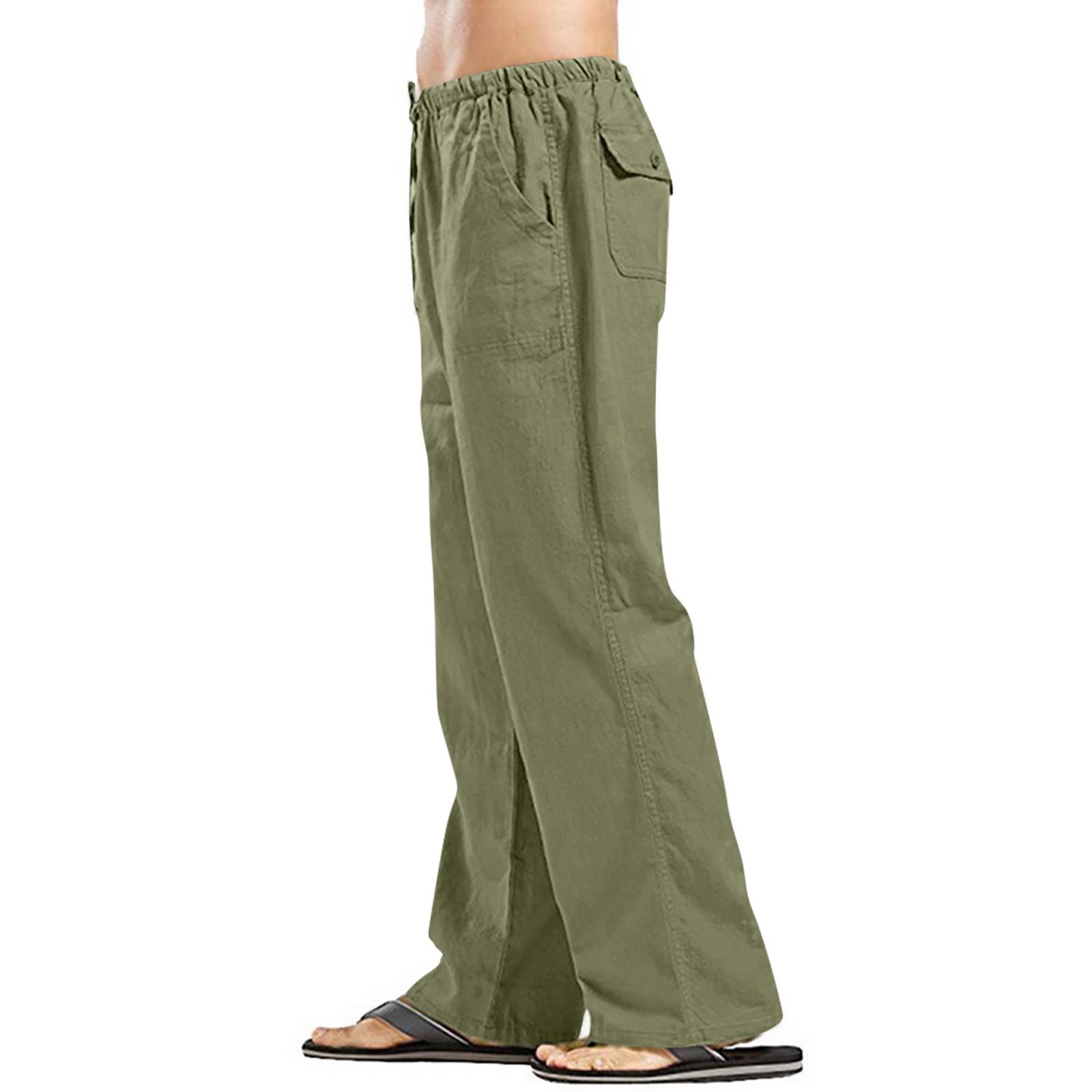 Yoxier Heren Katoen Linnen Effen Kleur Wijde Pijp Ademend Lange Broek Casual Lichtgewicht Los Veelzijdig Modieus Rechte Broek XXXXXL legergroene kleur