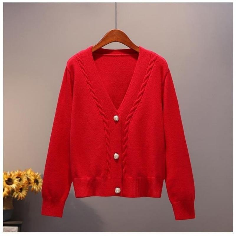 Xita Fashion Fashion Women Solid Cardigans Knitted Sweaters Autumn Winter Long Sleeve V-Neck All-match Button Casual Korean Jersey Coats 2022 M rood