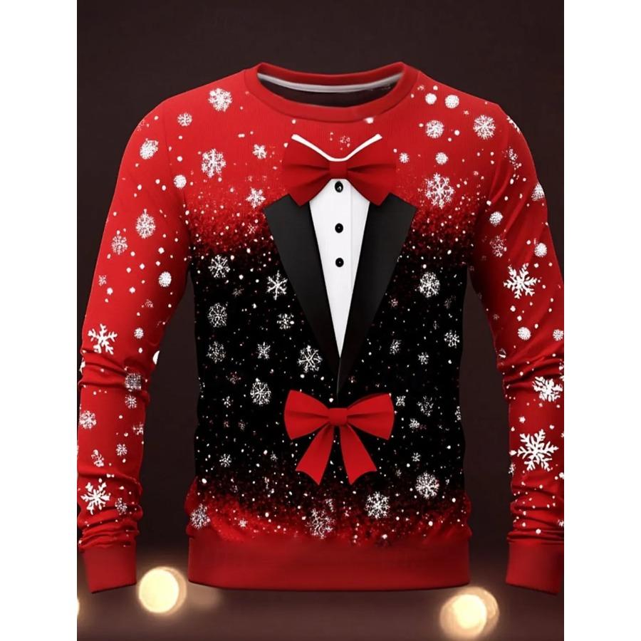 Women 3d clothes Kerstboom Sneeuwvlok Vlinderdas Heren 3D Print O-Hals T-shirt Tee Feest Casual Kerst Thema T-shirt Rood Lange Mouw Tops M