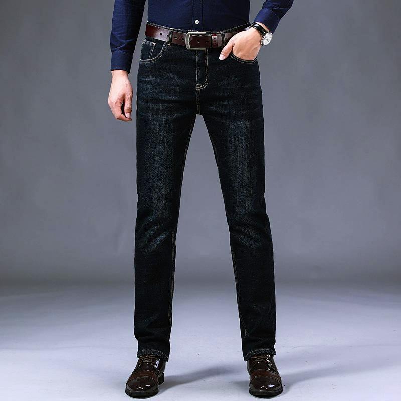 YL11KEEP Clothing Winter Heren Fleece Zwart Blauwe Jeans Business Casual Warm Thicken Stretch Denim Broek Mannelijke merkbroek 34