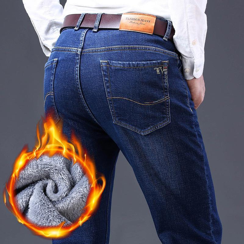 YL11KEEP Clothing Winter Heren Fleece Zwart Blauwe Jeans Business Casual Warm Thicken Stretch Denim Broek Mannelijke merkbroek 34