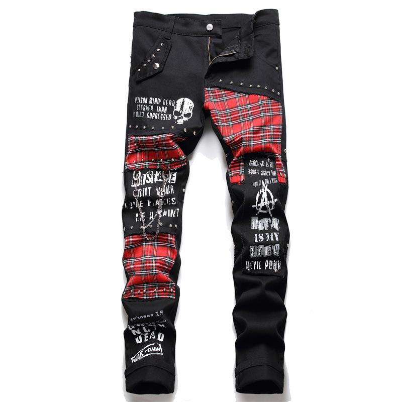 Sivia Mode Rode Plaid Patchwork Punk Klinknagel Mannen Slanke Jeans Broek Schedel Letters Print Hip Hop Keten Denim Broek M zwart