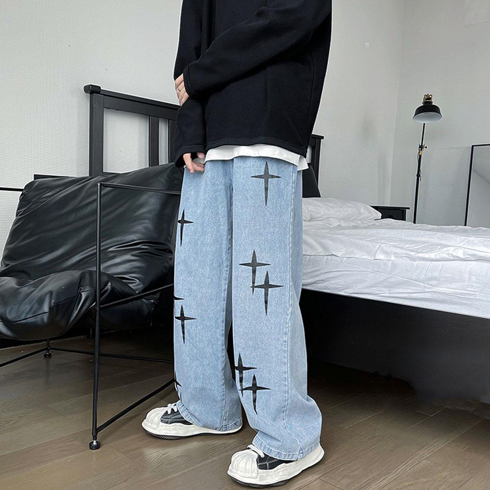 VIYOO Heren 5XL Y2K kleding oversized zwarte vintage baggy jeans stickers zomerbroek wijde pijpen denim broek streetwear jeans voor mannen print hiphop 3XL blauw