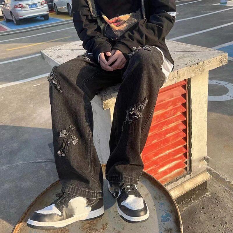 VIYOO 2023 Nieuwe Trend Hiphop Straat Y2K Mannen Broek High Street Losse Rechte Casual Broek Mode Mannen Cross-patch Jeans Mannelijke S-3XL XXL zwart