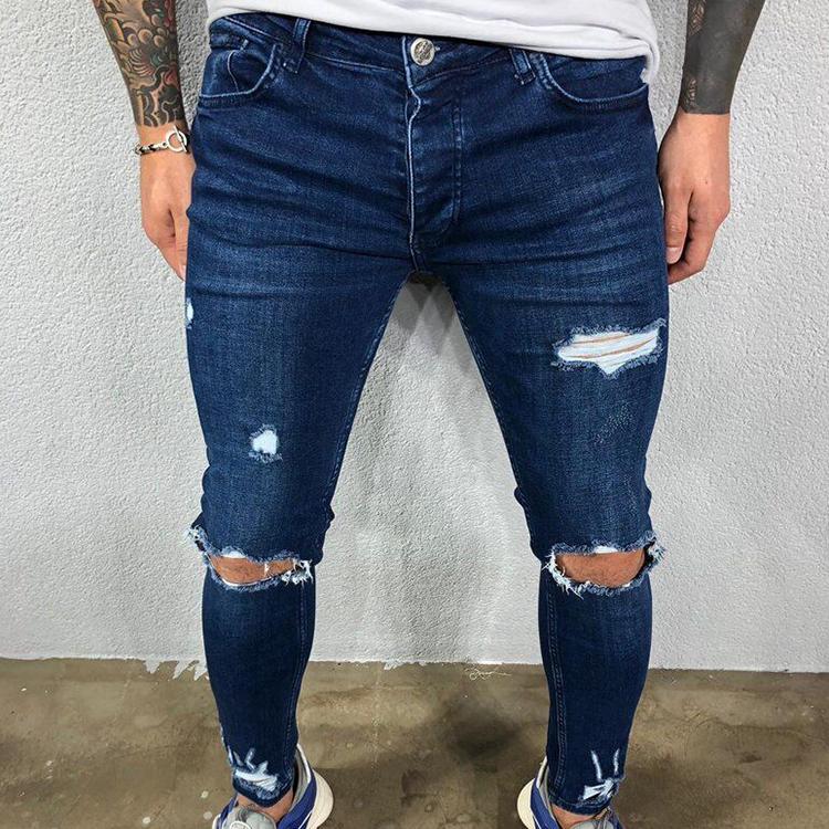 Cloth W Versleten kniegaten elastische skinny jeans heren gescheurde biker denim broek effen gewassen streetwear zwarte pantalones hombre joggers M blauw