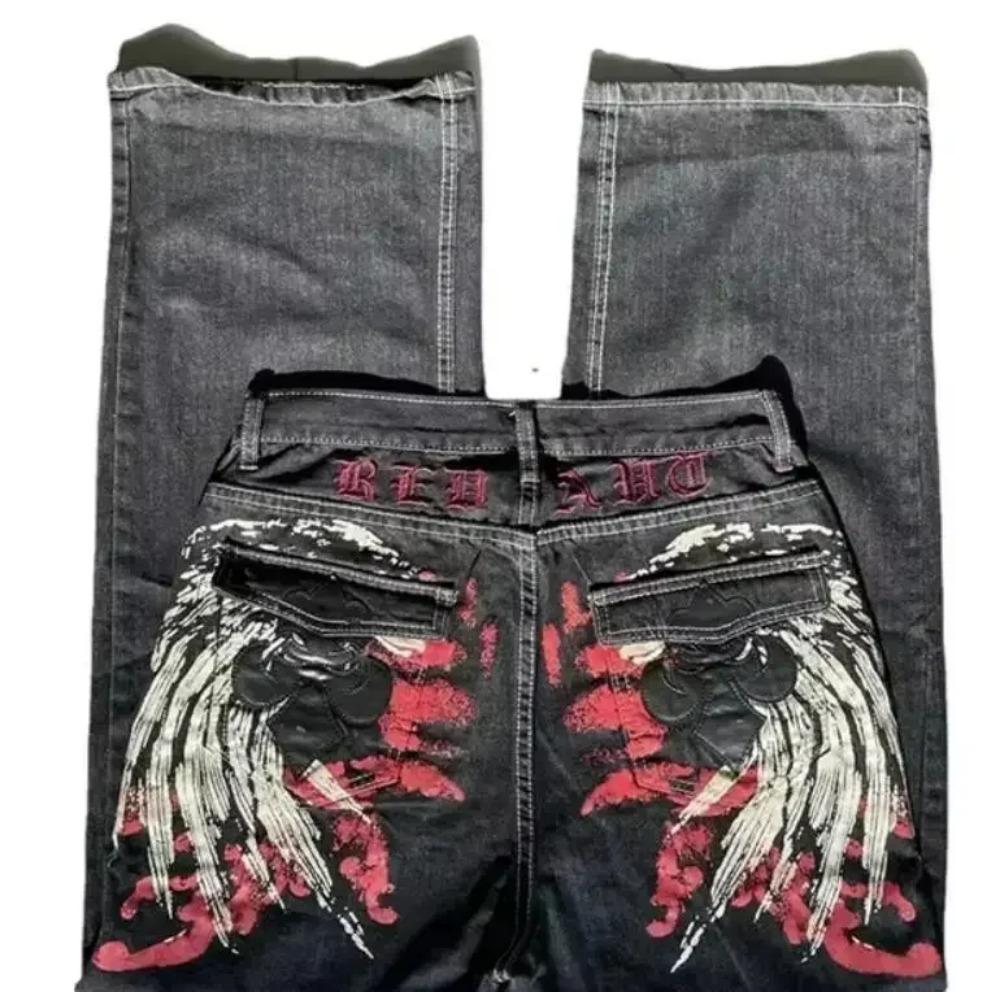 Tinicoo Amerikaanse Retro High Street Y2K Gepersonaliseerde Patchwork Letter Geborduurde Jeans Gothic Mode Wijde Pijpen Denim Broek XL