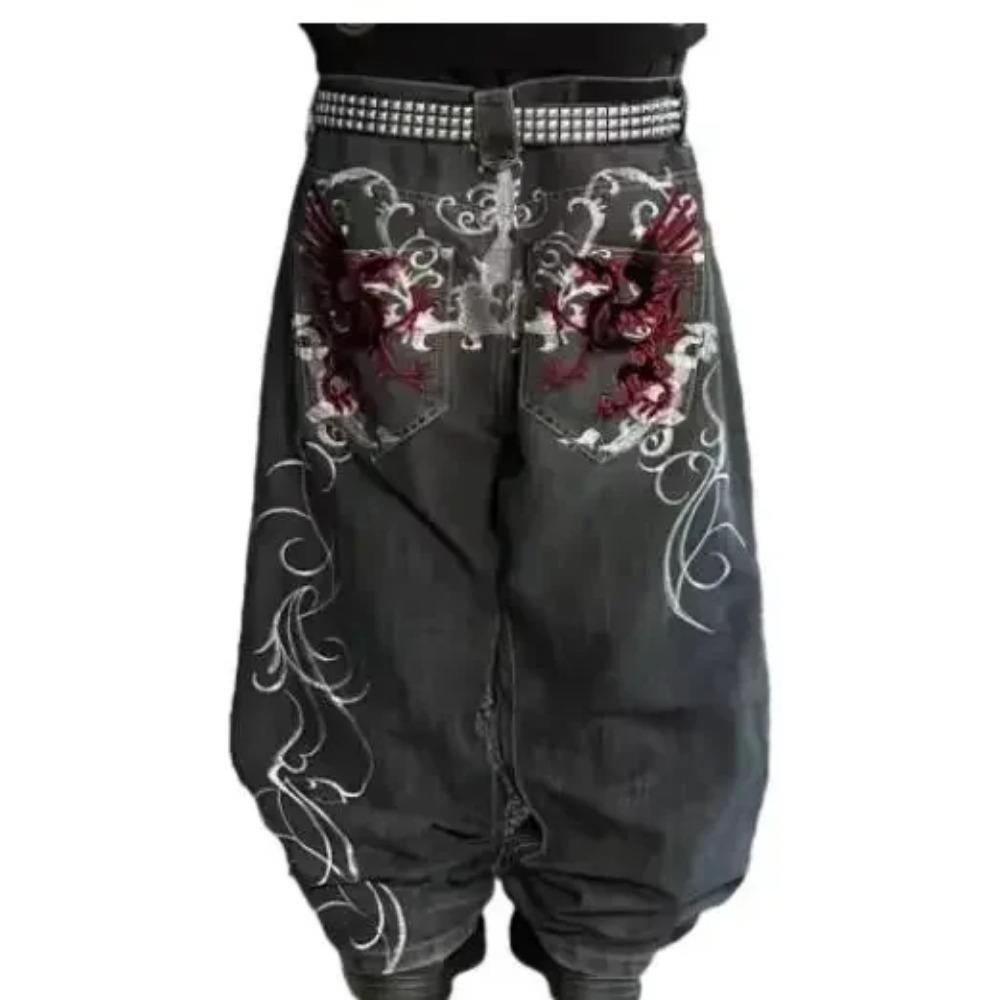 Tinicoo Amerikaanse Retro High Street Y2K Gepersonaliseerde Patchwork Letter Geborduurde Jeans Gothic Mode Wijde Pijpen Denim Broek S