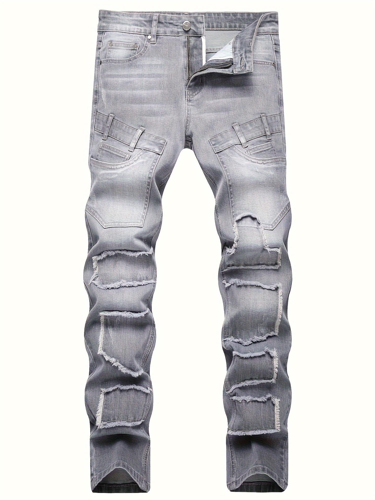 WTEMPO Dynamic Flex, heren slim-fit grijze jeans - stretch denim, middelhoge taille, geborduurd detail, perfect voor lente- en zomeruitjes 42 lichtgrijze kleur