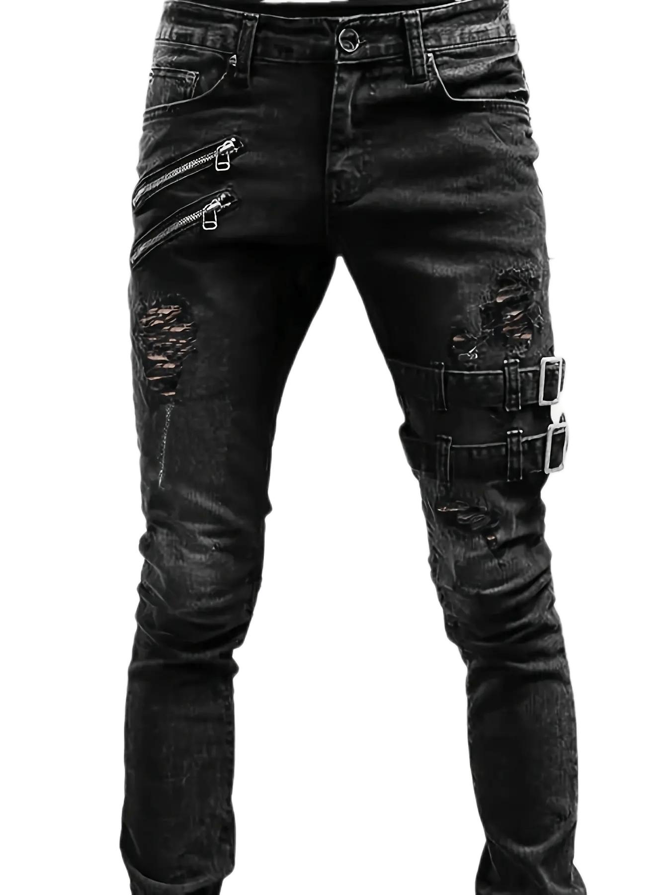 WTEMPO Heren Casual Skinny Biker Jeans, Chic Street Style Medium Stretch Denim Broek M zwart