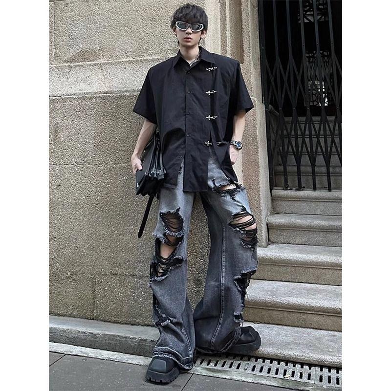 NICE2CU Heren Vintage Y2K Wijde Pijp High Street Jeans Hip Hop Losse Gescheurde Jeans Zomer Amerikaanse Stijl Lange Denim Broek M