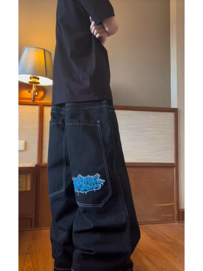 StrideBox Geborduurde Y2K baggy hiphopjeans met wijde pijpen voor heren 2XL