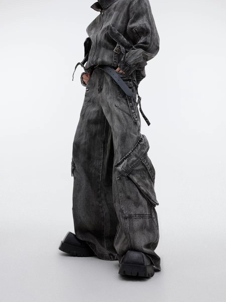 StrideBox Heren Retro Gewassen Distressed Wijde Pijpen Jeans XL grijze kleur