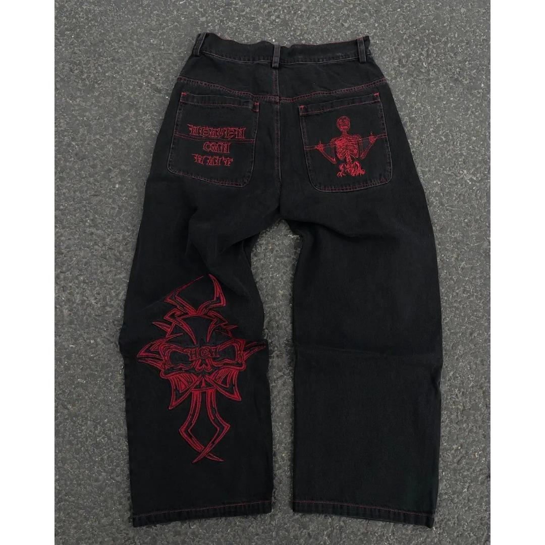 Kuake Duan Y2K Jeans Heren Hip Hop Retro Schedel Borduren Gewassen Baggy Denim Broek Nieuwe Rechte Casual Losse Wijde Pijpen Broek streetwear M rood
